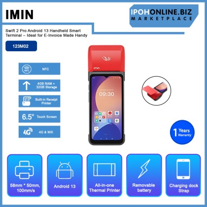 IMIN Swift 2 Pro Android 13 Handheld Smart Terminal (6.5" Touch Screen, 4G/WiFi, NFC,  Built-in Receipt Printer, 4GB RAM + 32GB Storage) – Ideal for E-Invoice Made Handy